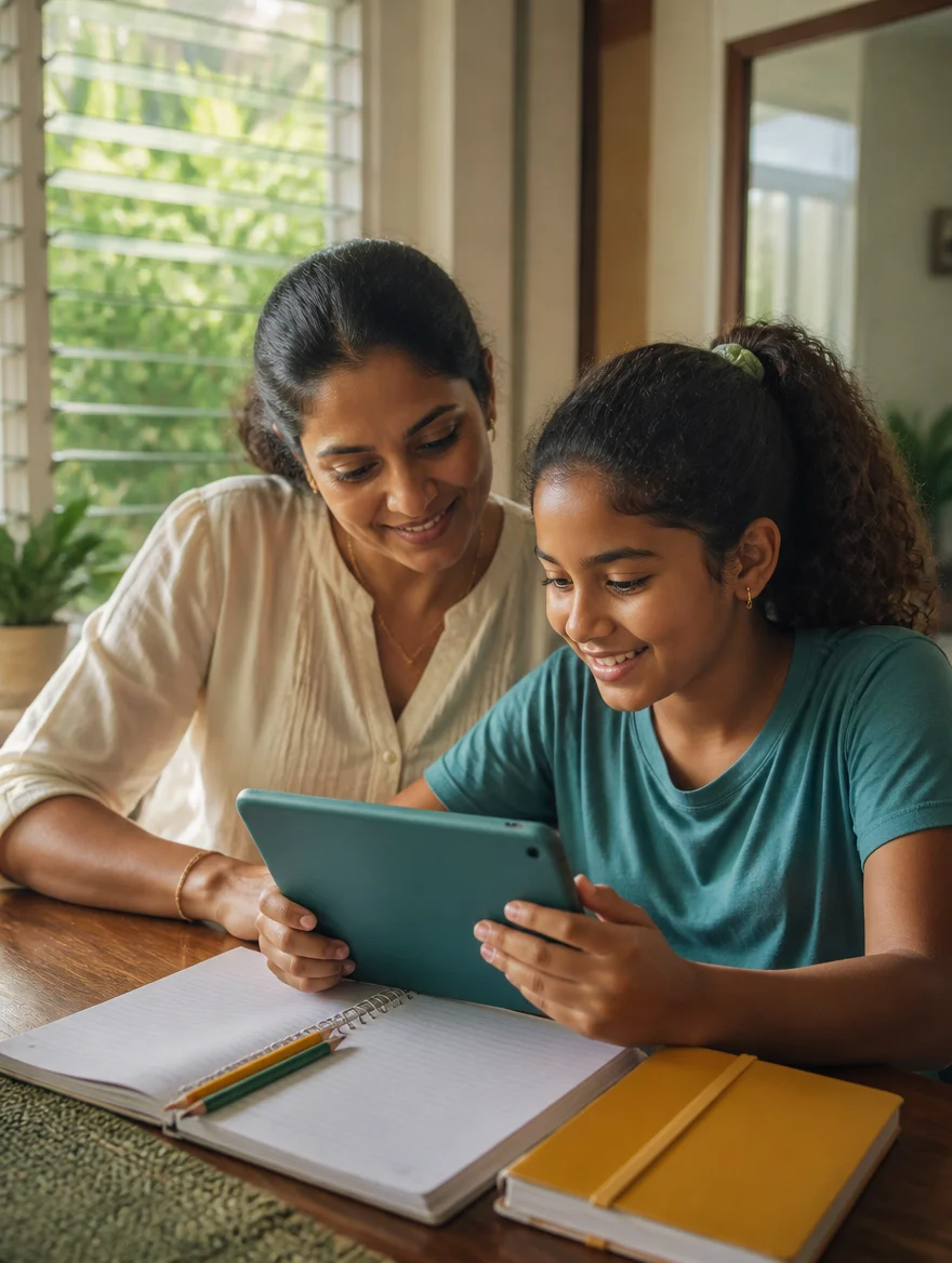 A mother encouraging her daughter as they practise together on a tablet